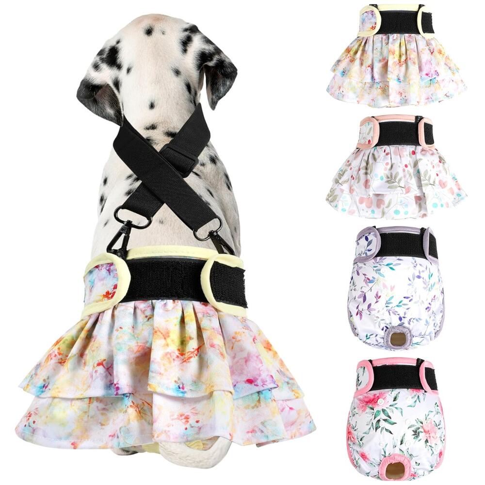 4 Pack Washable, Reusable Female Dog Diapers and 1 Suspenders- Medium